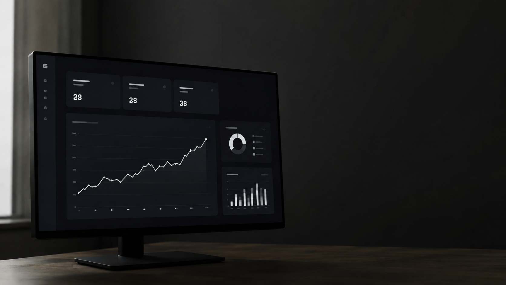 A data dashboard showing growth metrics and analytics charts on a dark screen, clean and minimal