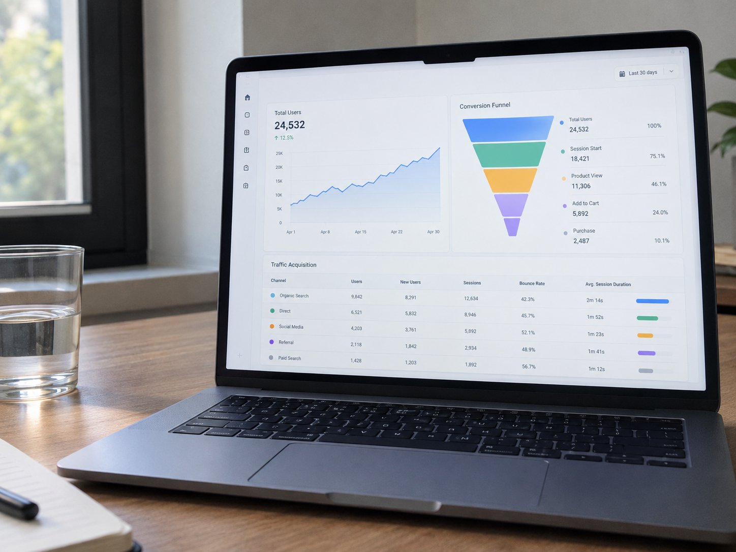 A GA4 analytics report showing organic acquisition funnel data for a digital media property