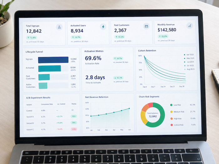 A product analytics dashboard showing SaaS activation cohorts, trial conversion, and retention curves